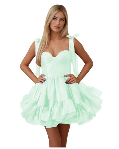 Bow Shoulder Satin Corset Ruffle Homecoming Dress