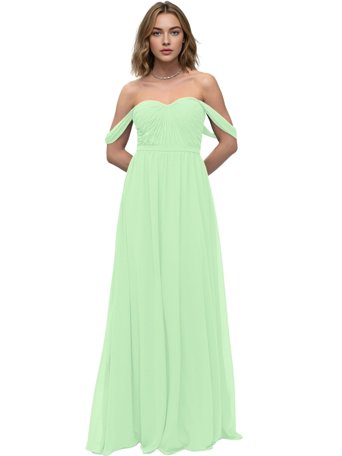 Off Shoulder Sweetheart Chiffon Bridesmaid Dress with Ruched Bodice
