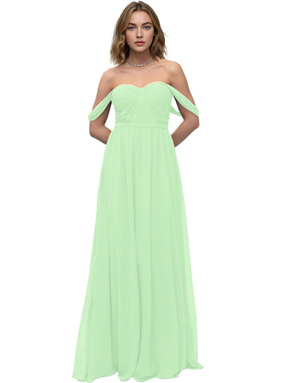 Off Shoulder Sweetheart Chiffon Bridesmaid Dress with Ruched Bodice