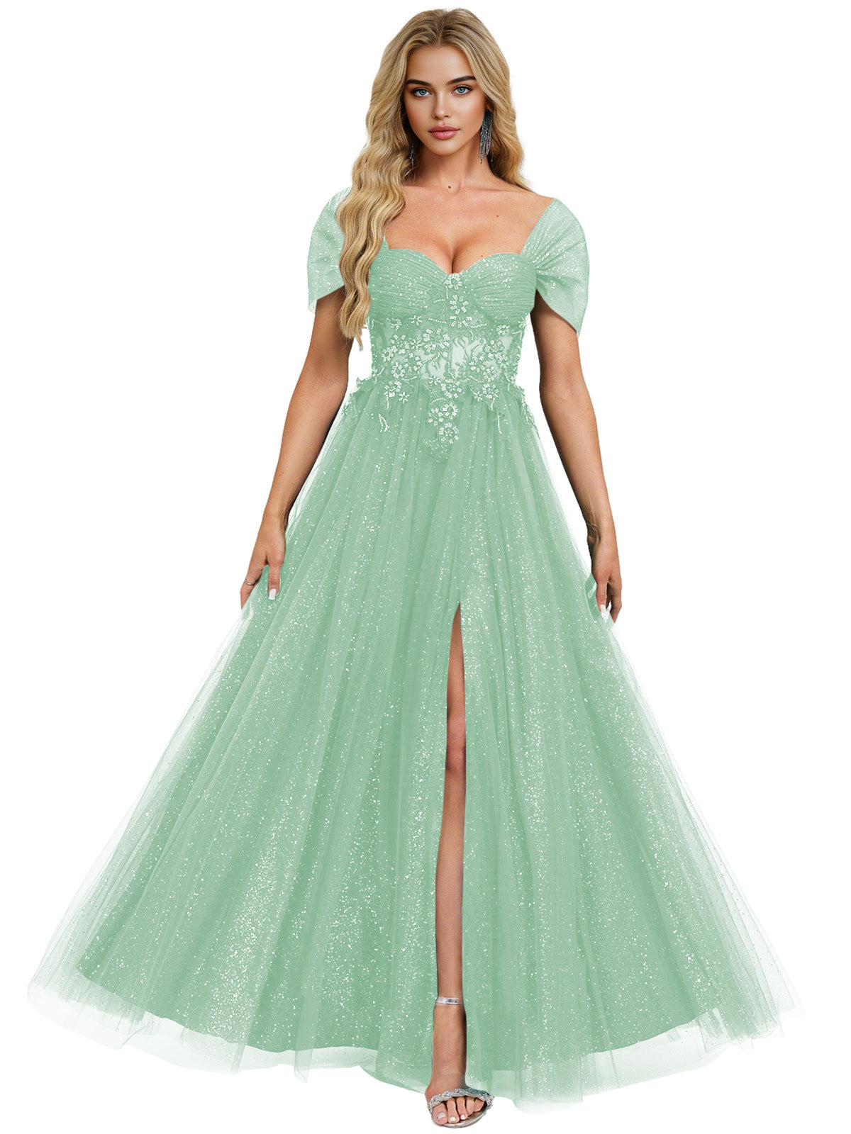 Short Sleeve Glitter Tulle Prom Dress with Illusion Bodice and Slit