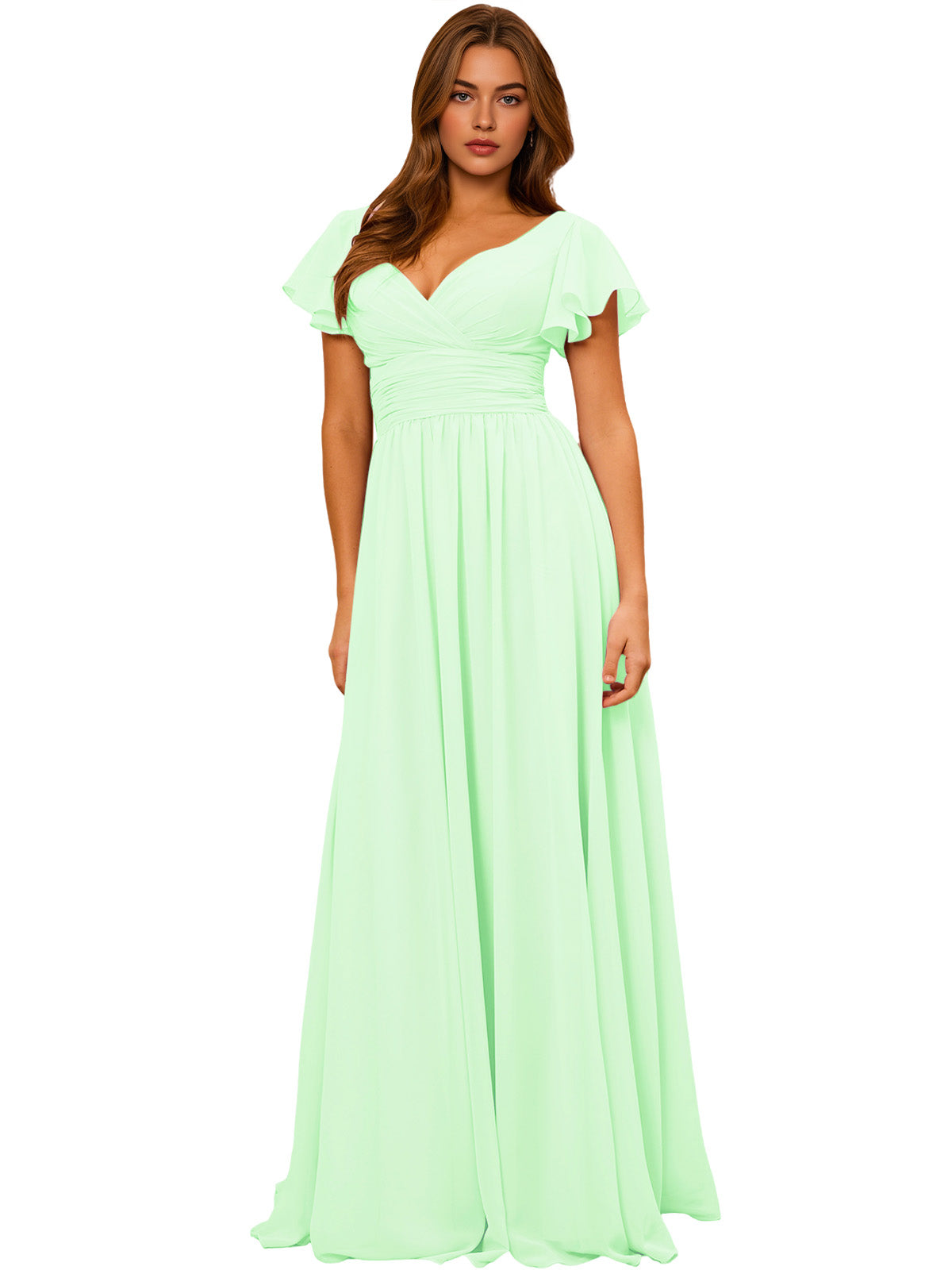 V-Neck Flutter Sleeve Chiffon Bridesmaid Dress with Empire Waist
