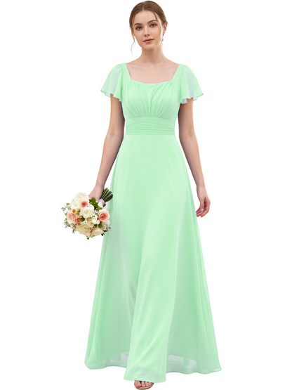 Square Neck Chiffon Bridesmaid Dress with Flutter Sleeves and Lace-Up Back