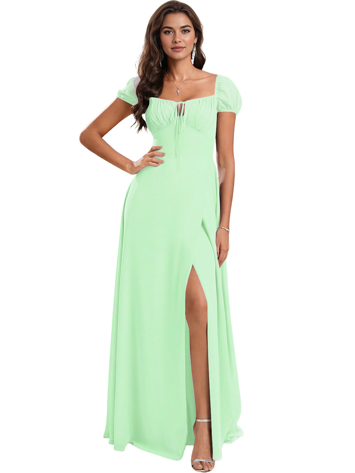 Ruched Short Sleeve Chiffon Bridesmaid Dress with Side Slit