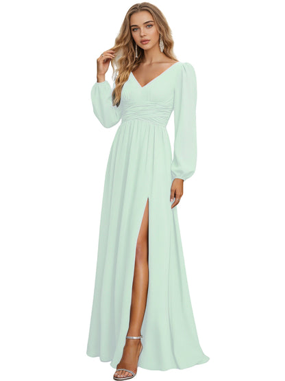 Long Sleeve V-Neck Chiffon Bridesmaid Dress with Front Slit
