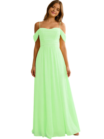 Off Shoulder Chiffon Bridesmaid Dress with Soft Pleated Bodice
