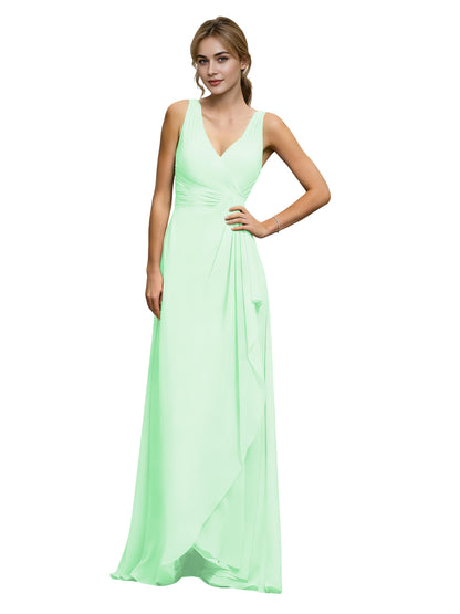 Halter V-Neck Chiffon Bridesmaid Dress with Draped Sash Waist