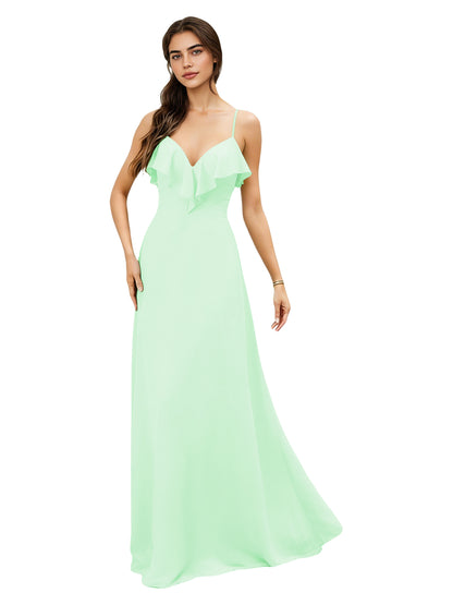 Ruffle V-Neck Chiffon Bridesmaid Dress with Spaghetti Straps