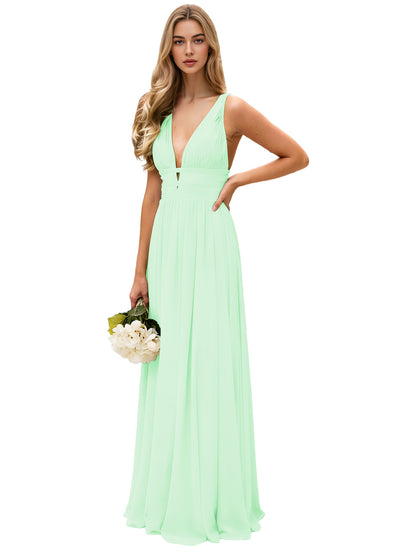 Spaghetti Strap V-Neck Chiffon Bridesmaid Dress with Open Back