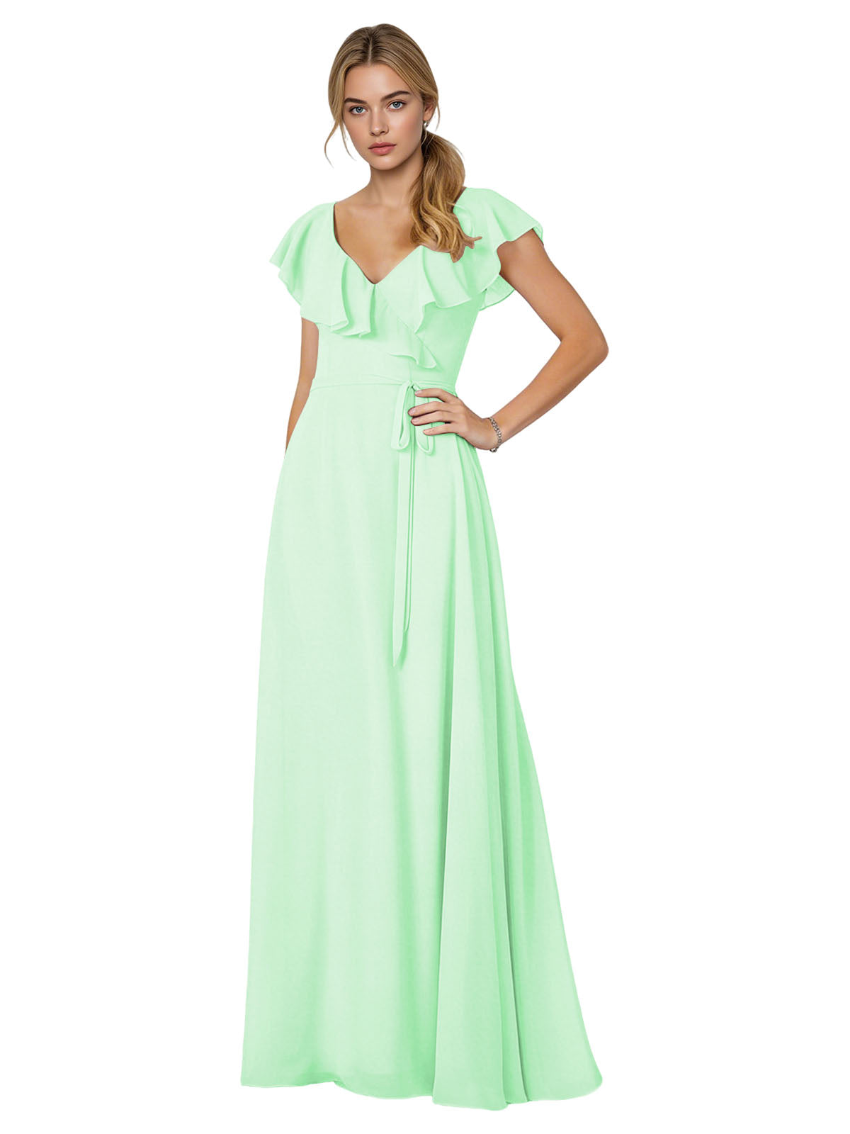 Tie Neck Chiffon Bridesmaid Dress with Flutter Sleeves