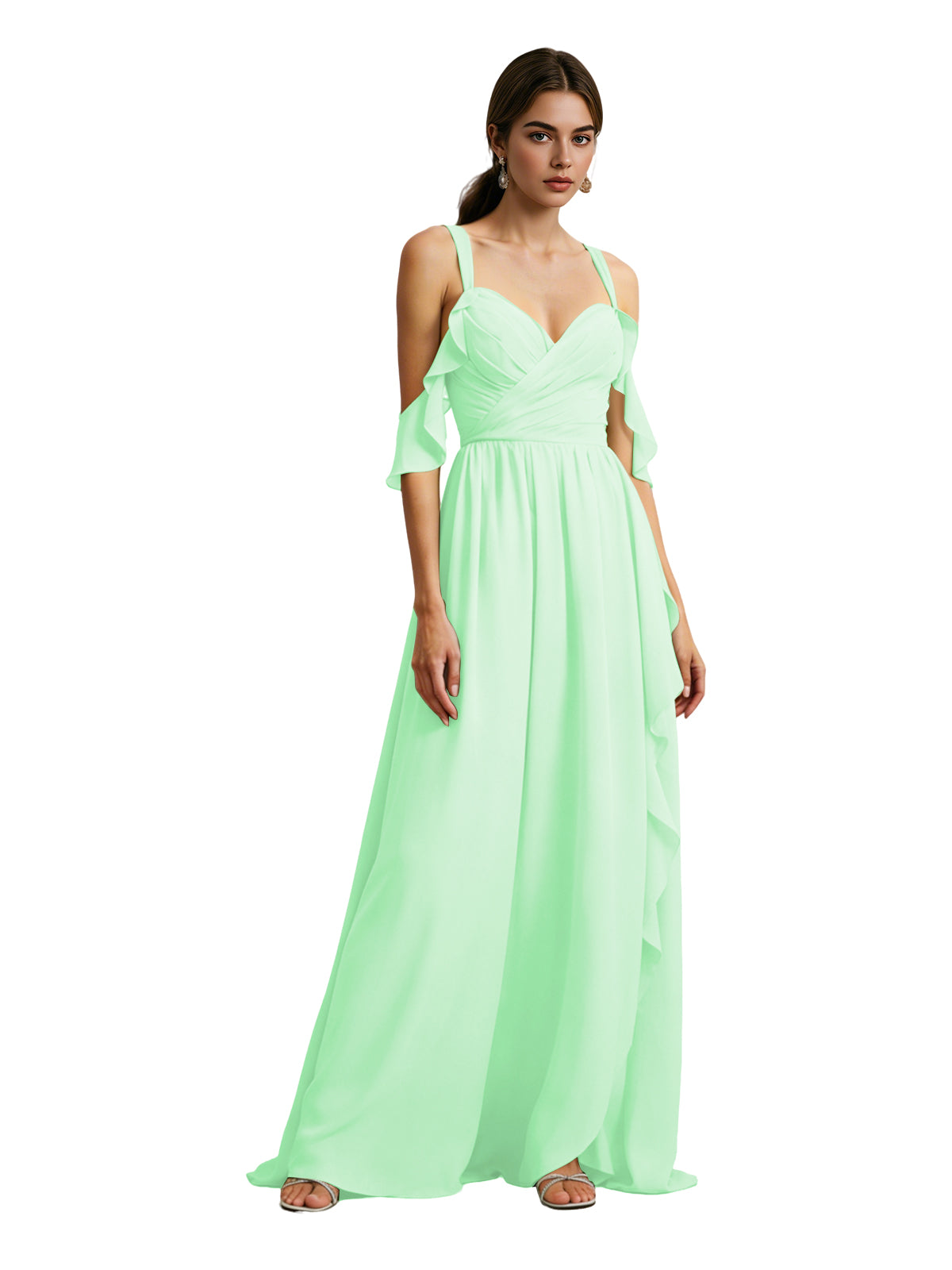 Cold Shoulder Chiffon Bridesmaid Dress with Draped V-Neck Bodice