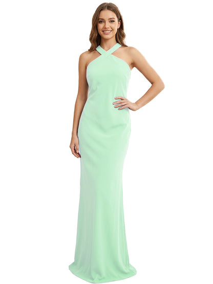 High Neck Halter Bridesmaid Dress with Sleek Column Silhouette