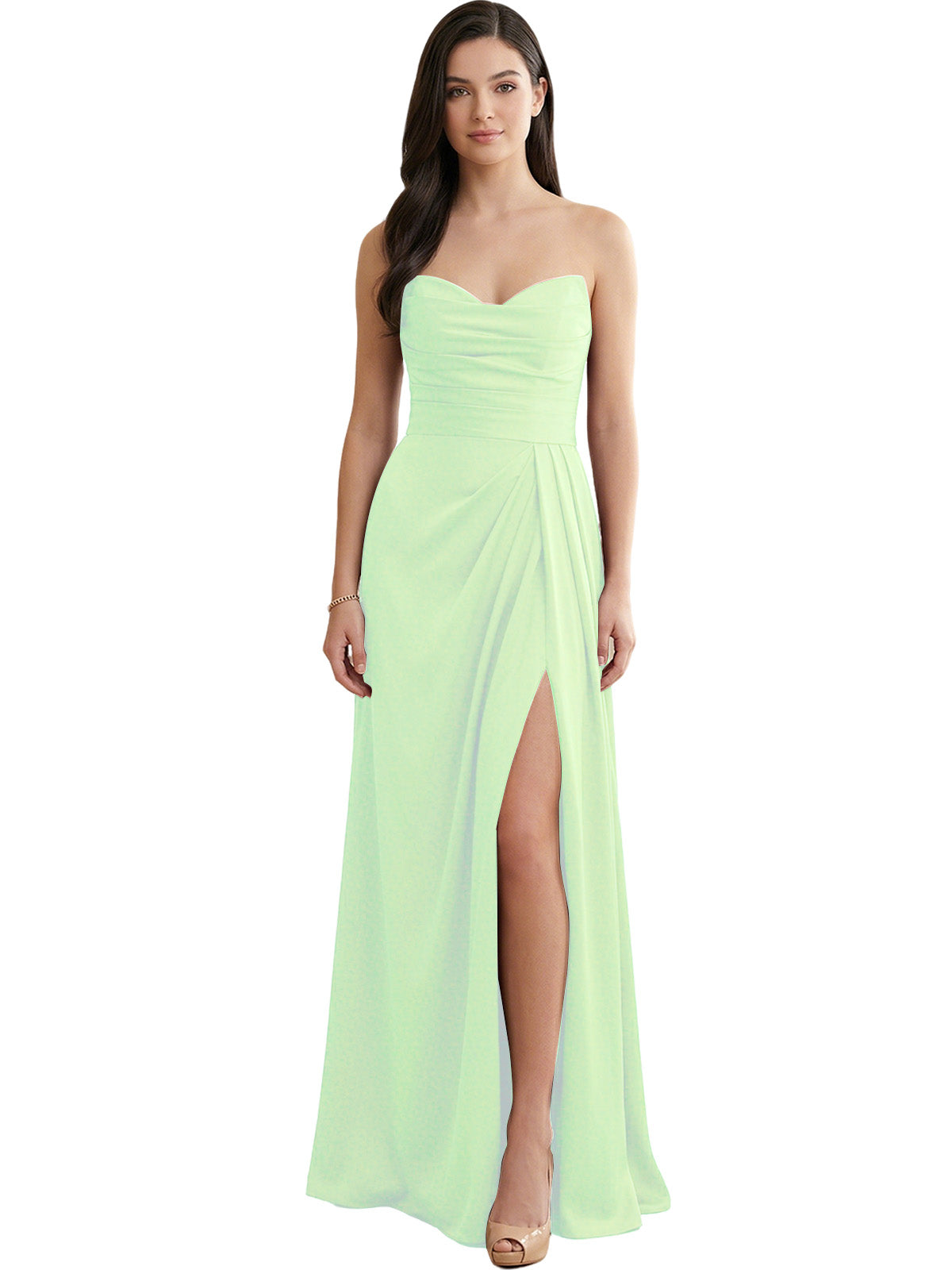 Strapless Pleated Satin Bridesmaid Dress with Side Slit