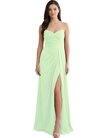 Strapless Pleated Satin Bridesmaid Dress with Side Slit