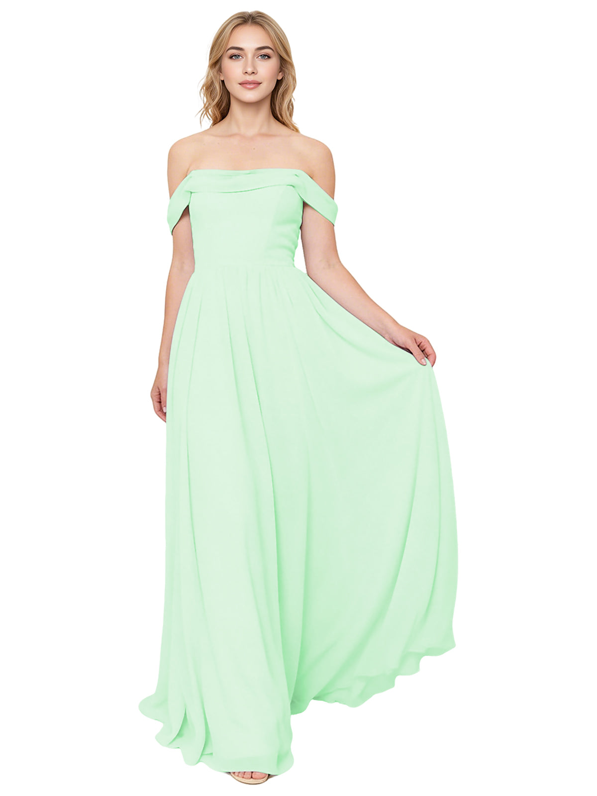 Off Shoulder Pleated Chiffon Bridesmaid Dress with Flowing A-Line Dress