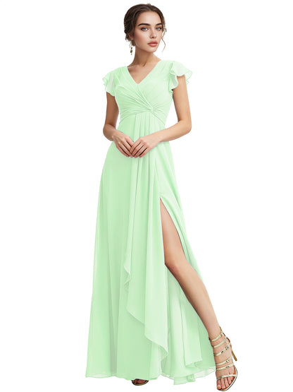 Cap Sleeve Chiffon Bridesmaid Dress with Ruffle V-Neck and Slit
