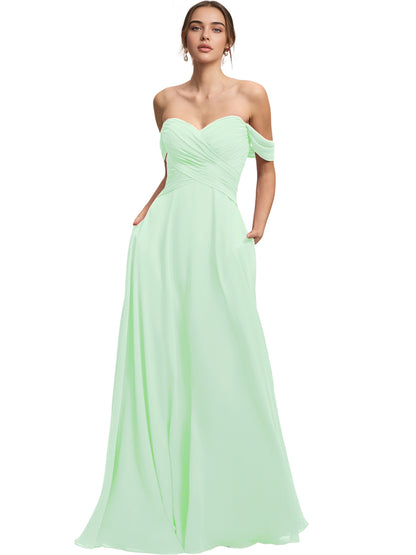 Off Shoulder Chiffon Bridesmaid Dress with Draped Bodice and A-Line Dress