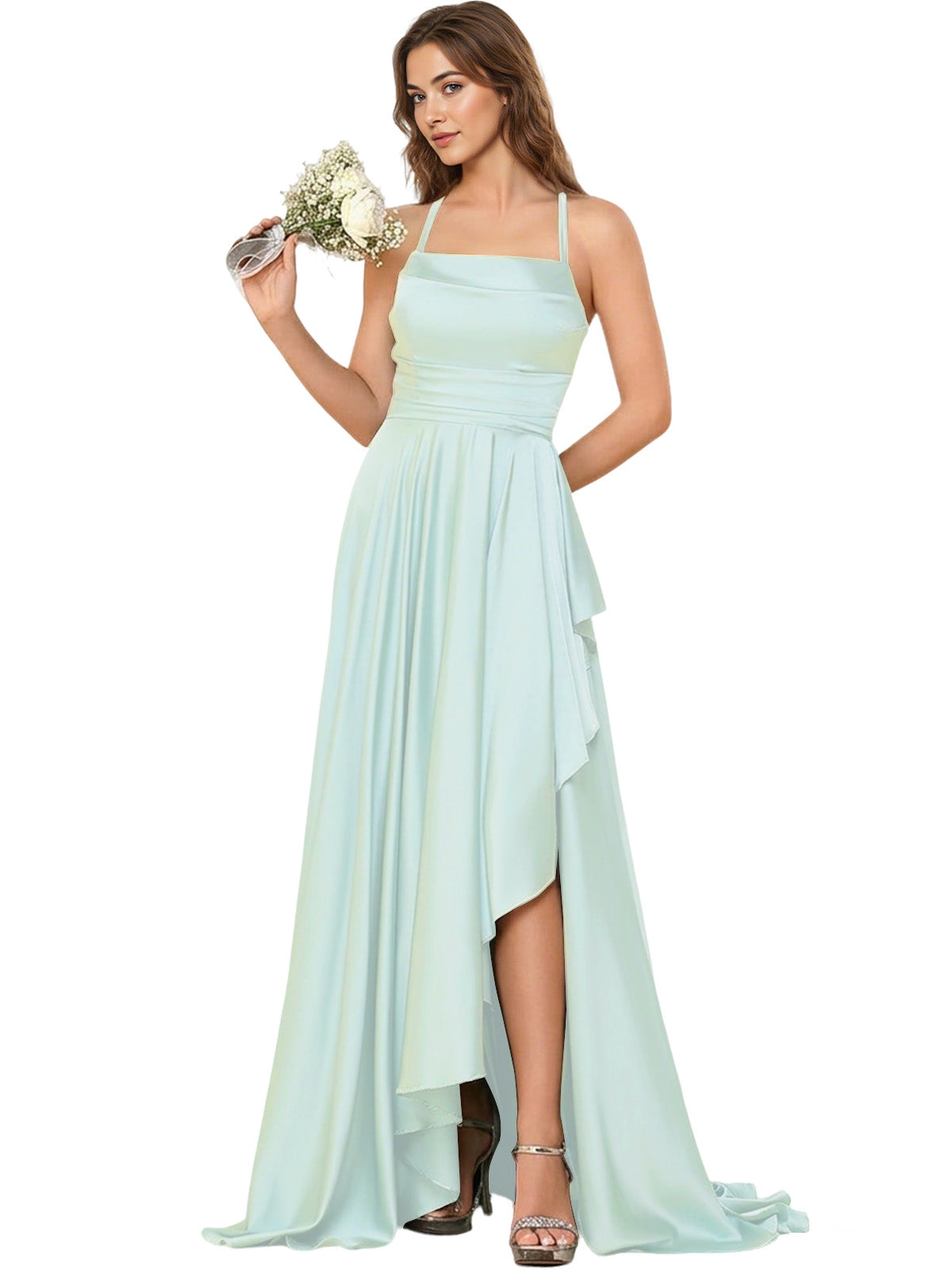 Open Back Halter Bridesmaid Dress with High Low Overlay dress
