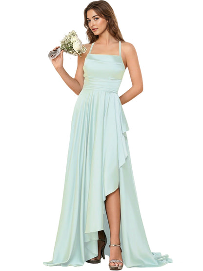 Open Back Halter Bridesmaid Dress with High Low Overlay dress