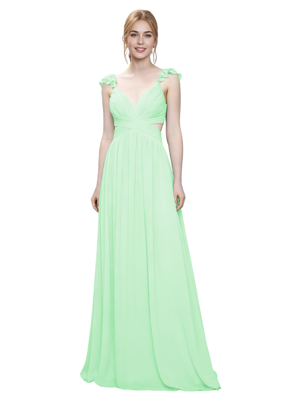 Ruffle Strap V-Neck Tulle Bridesmaid Dress with Pleated Waist