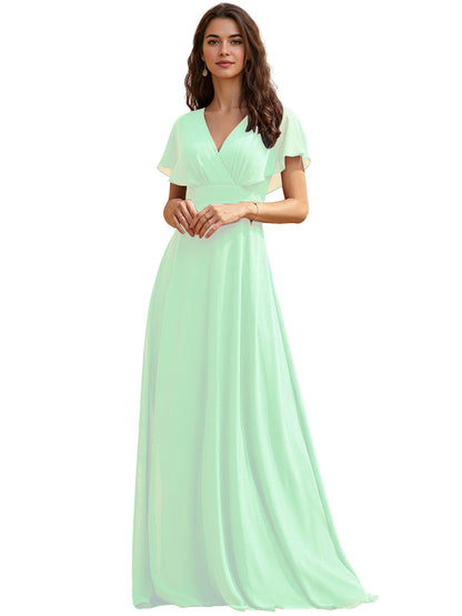 Flutter Sleeve V-Neck Chiffon Bridesmaid Dress with Flowing dress