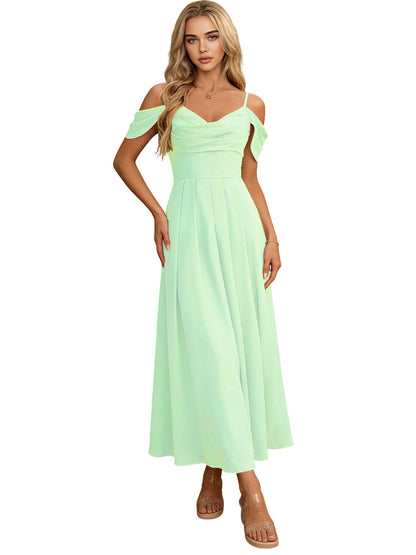 Off Shoulder Midi Bridesmaid Dress with Pleated Bodice and Flowing dress