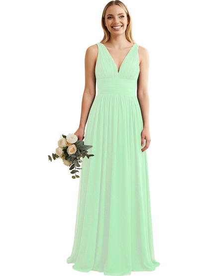 Deep V-Neck Chiffon Bridesmaid Dress with Pleated Waist