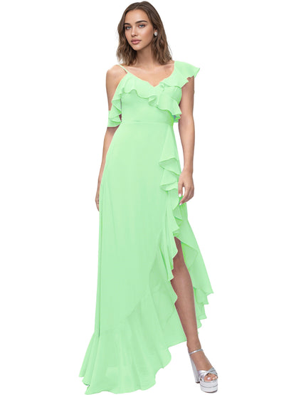 Asymmetrical Ruffle Chiffon Bridesmaid Dress with High Low Slit