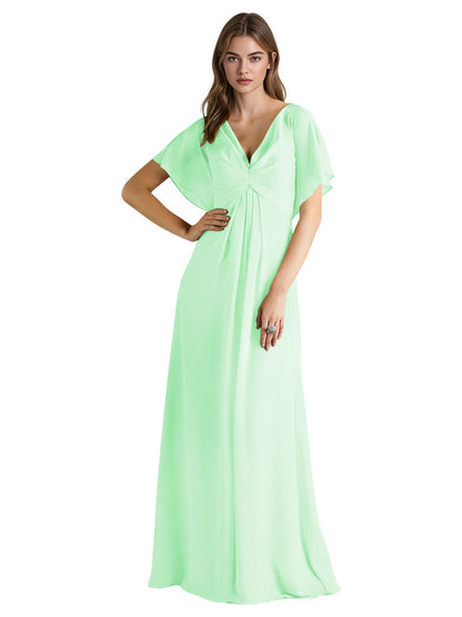 Short Sleeve V-Neck Chiffon Bridesmaid Dress with Gathered Waist