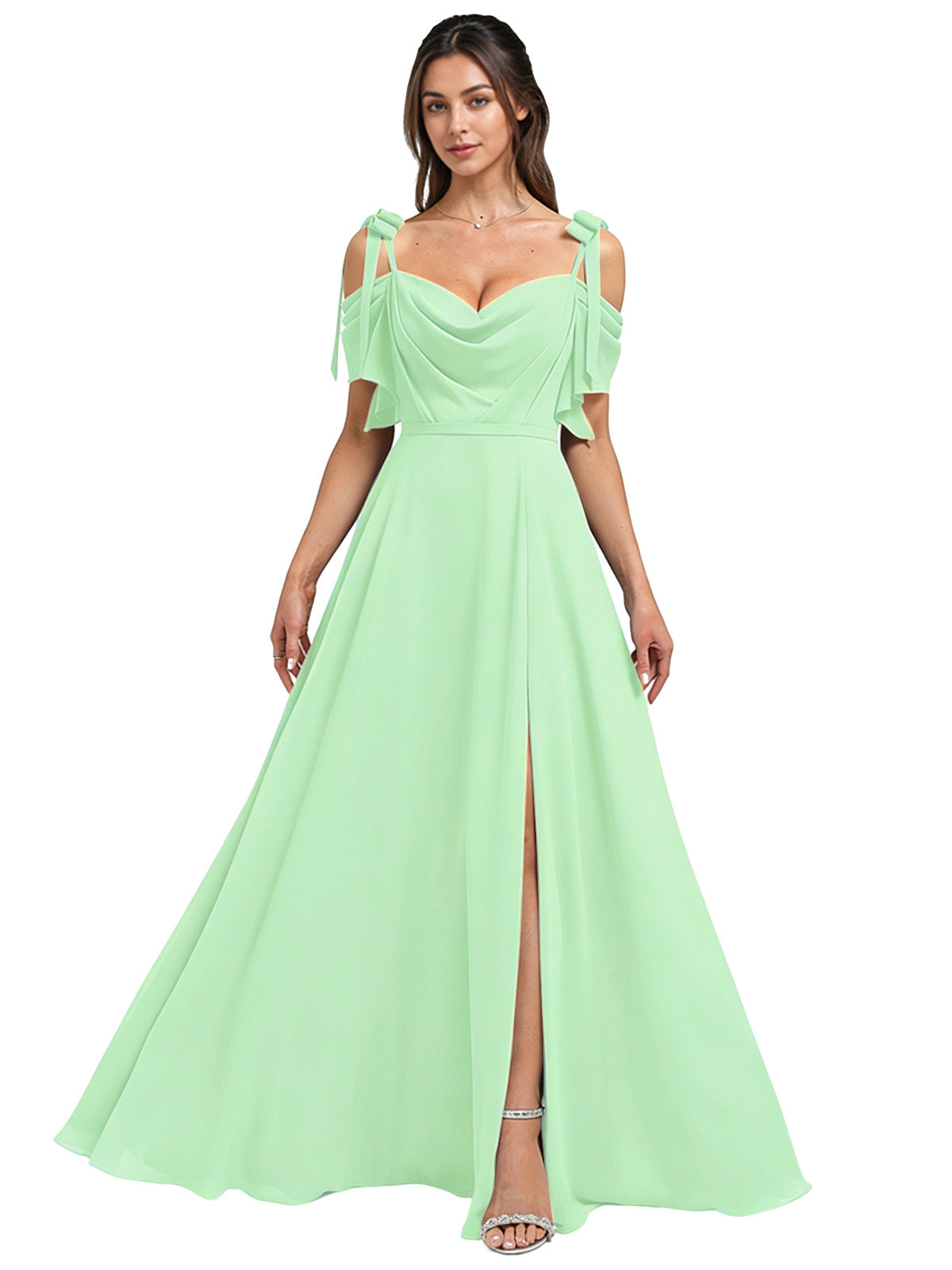 Cowl Neck Cold Shoulder Bridesmaid Dress with High Slit Chiffon Dress