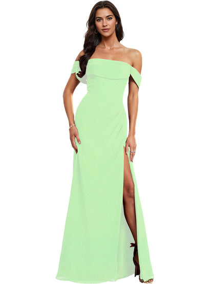 Off Shoulder Crepe Bridesmaid Dress with Foldover Neckline and Slit