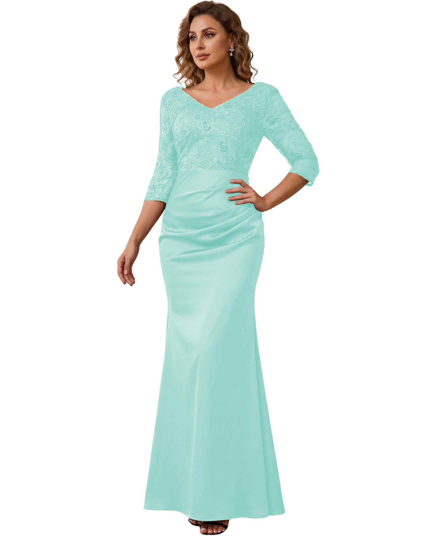 Mother of the Bride Dress Long Lace Mermaid Formal Gown with 3/4 Sleeves
