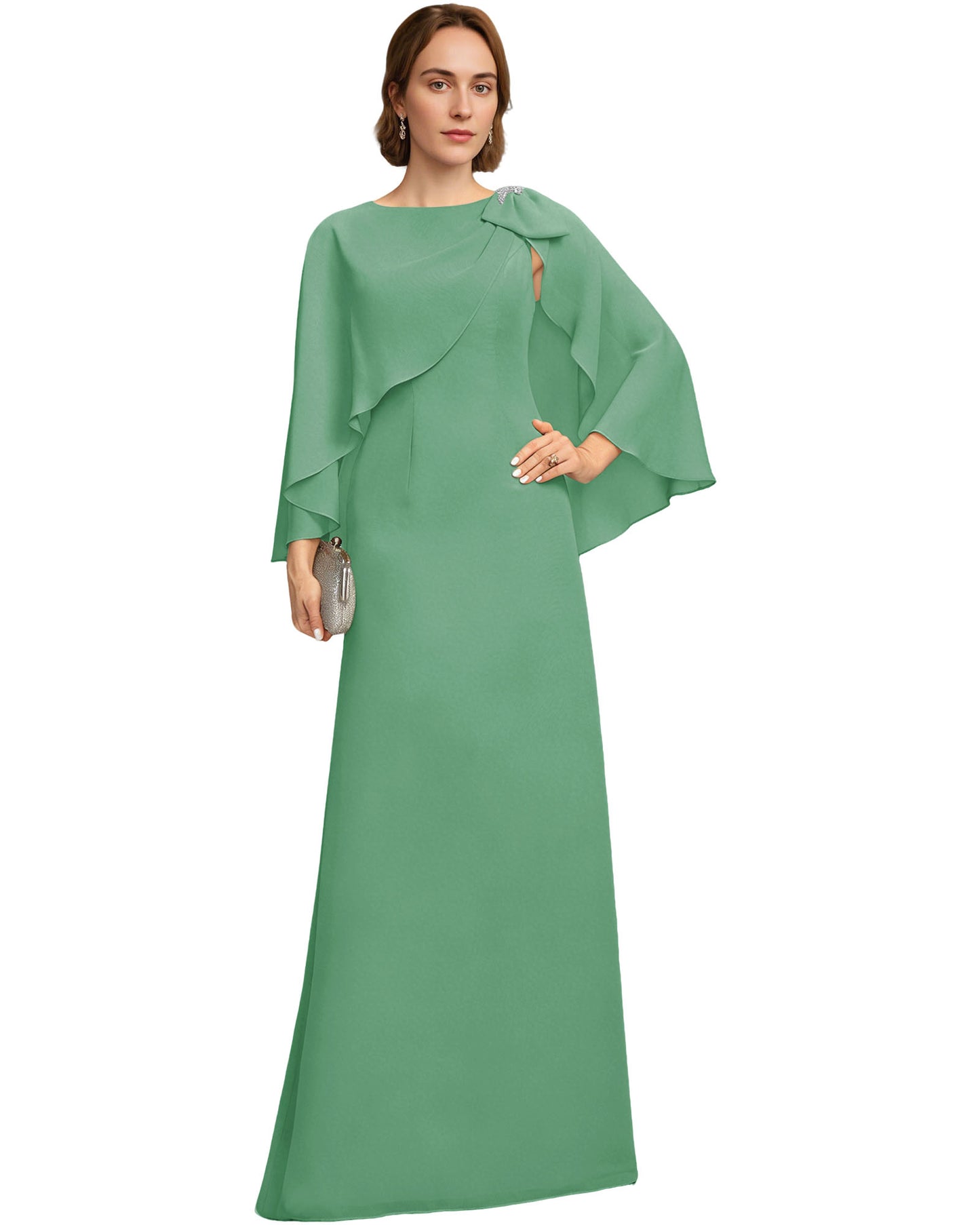 Long Cape Sleeve Mother of the Bride Dress Jewel Neck Chiffon Column Gown with Bow Detail