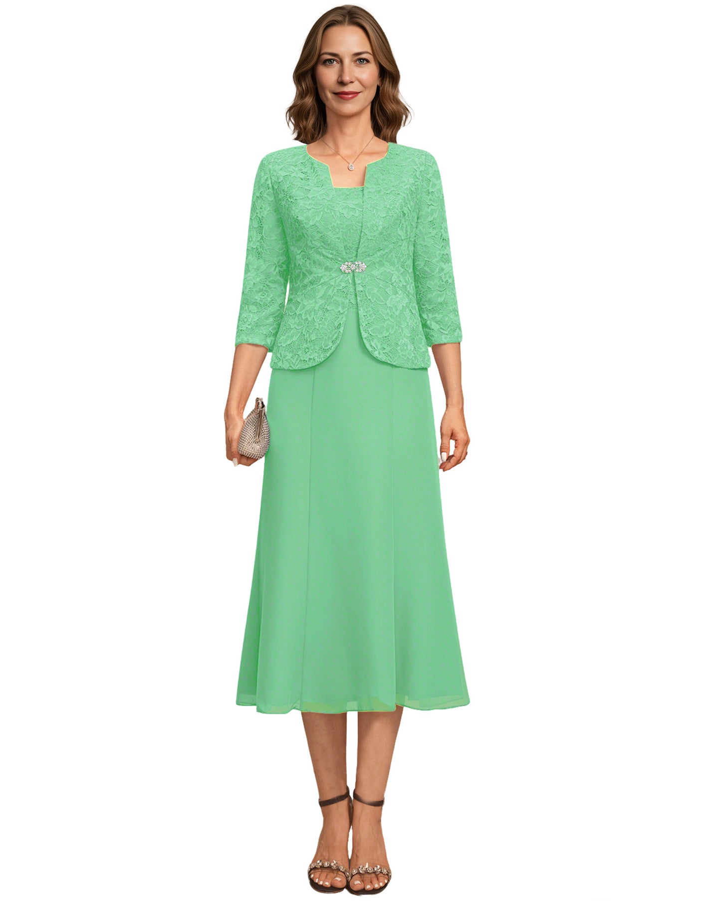 Tea Length Mother of the Bride Dress Lace Jacket Chiffon A-Line Wedding Guest Outfit