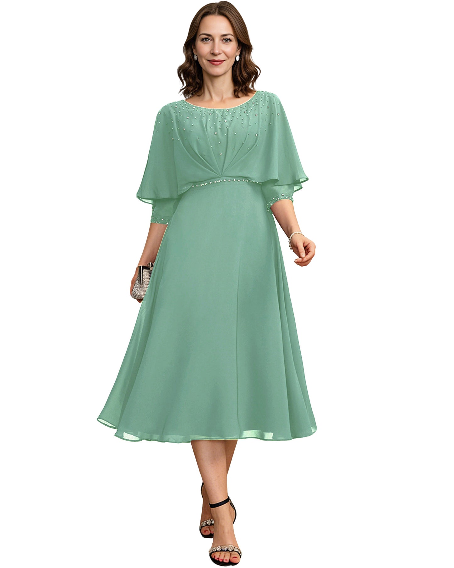 Beaded Cape Mother of the Bride Dress Tea Length Chiffon A-Line Formal Guest Gown
