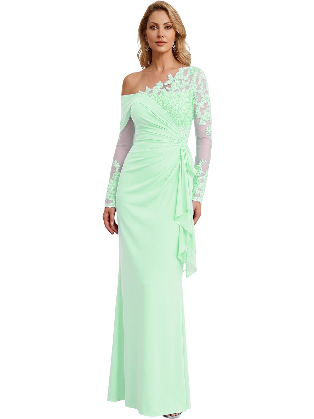 One Shoulder Mother of the Bride Gown Long Lace Sleeve Mermaid Dress with Draped Ruffle