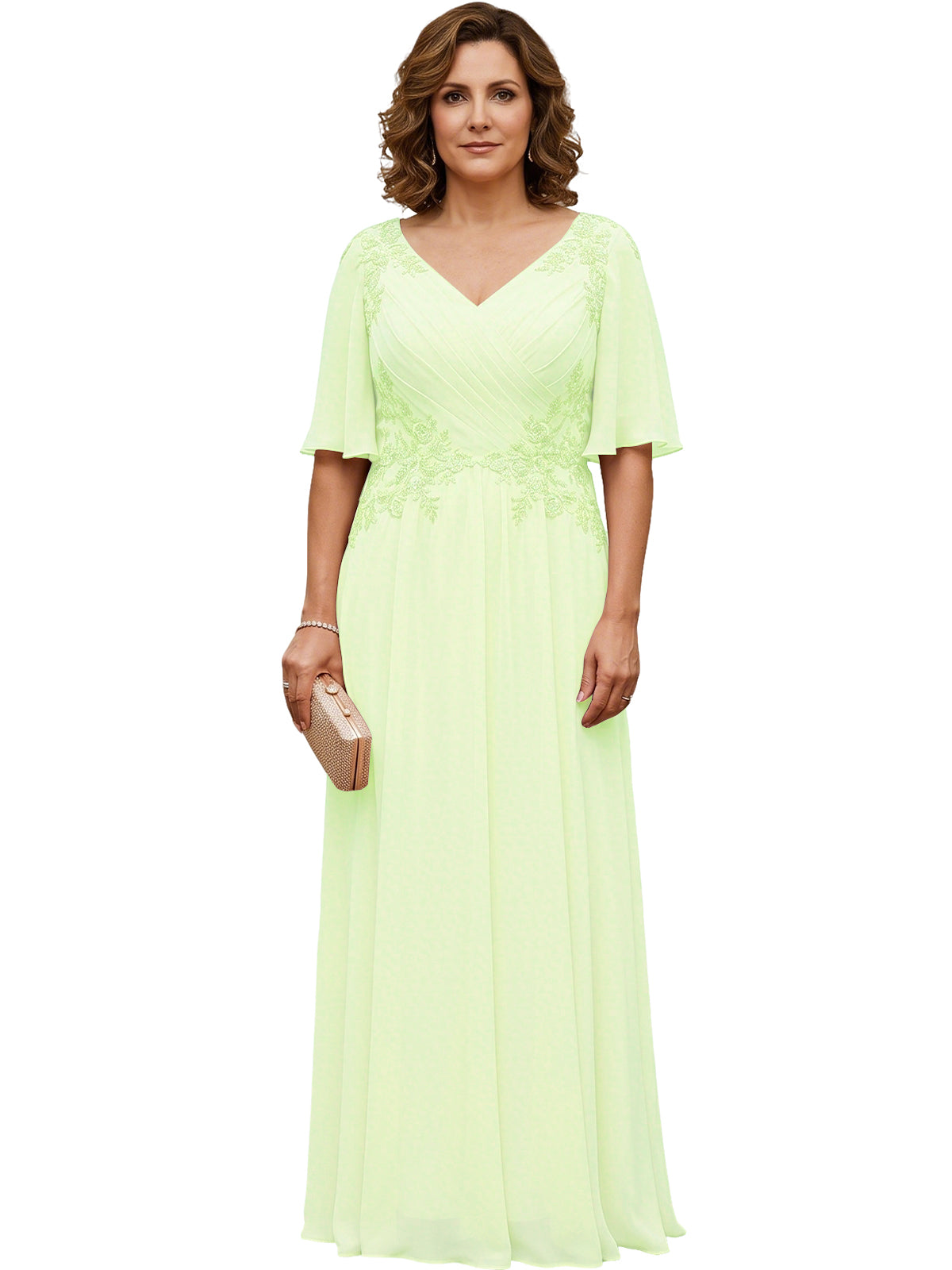 Mother of the Bride Dress Long Chiffon A-Line Gown with Flutter Sleeves and Beaded Lace