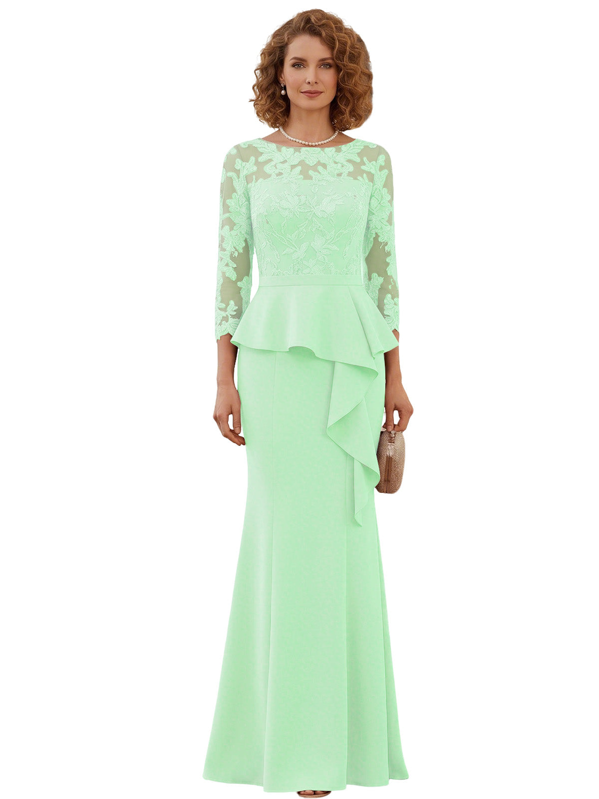 Long Mother of the Bride Dress Lace Illusion Bodice Peplum Mermaid Formal Evening Gown