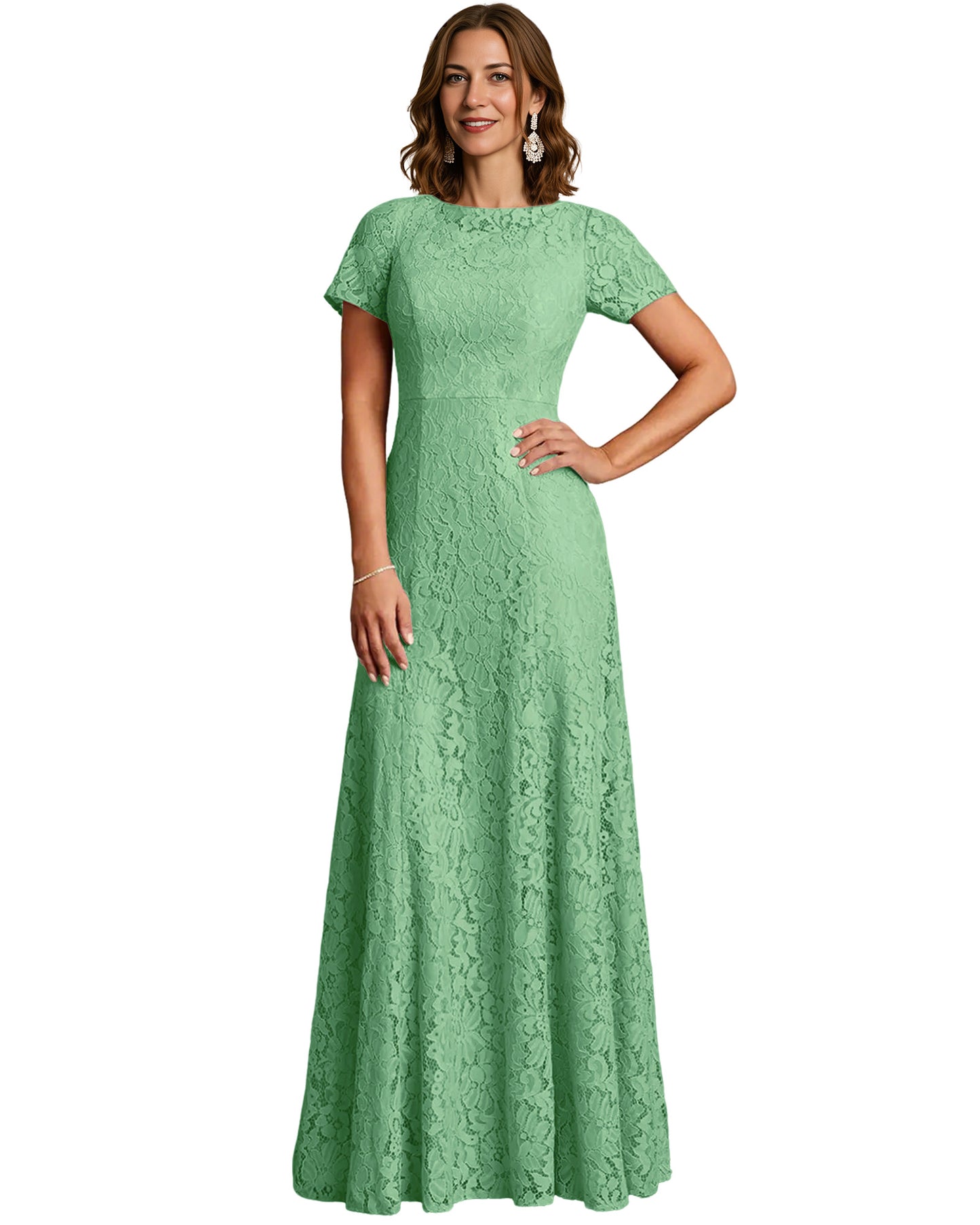 Long Lace Mother of the Bride Dress Short Sleeve Mermaid Gown with Crew Neckline