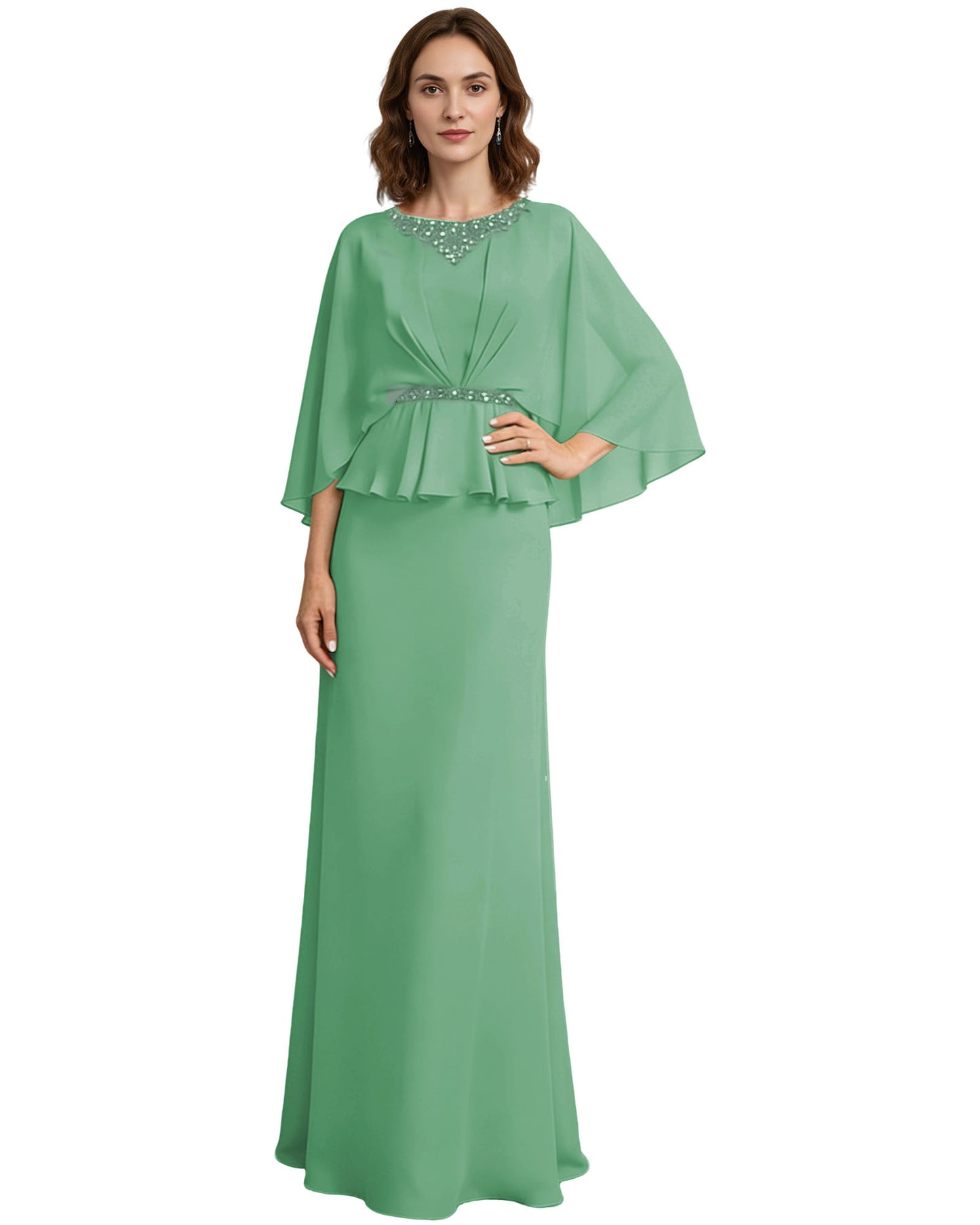 Capelet Mother of the Bride Dress Long Beaded Neck Peplum Chiffon Formal Gown
