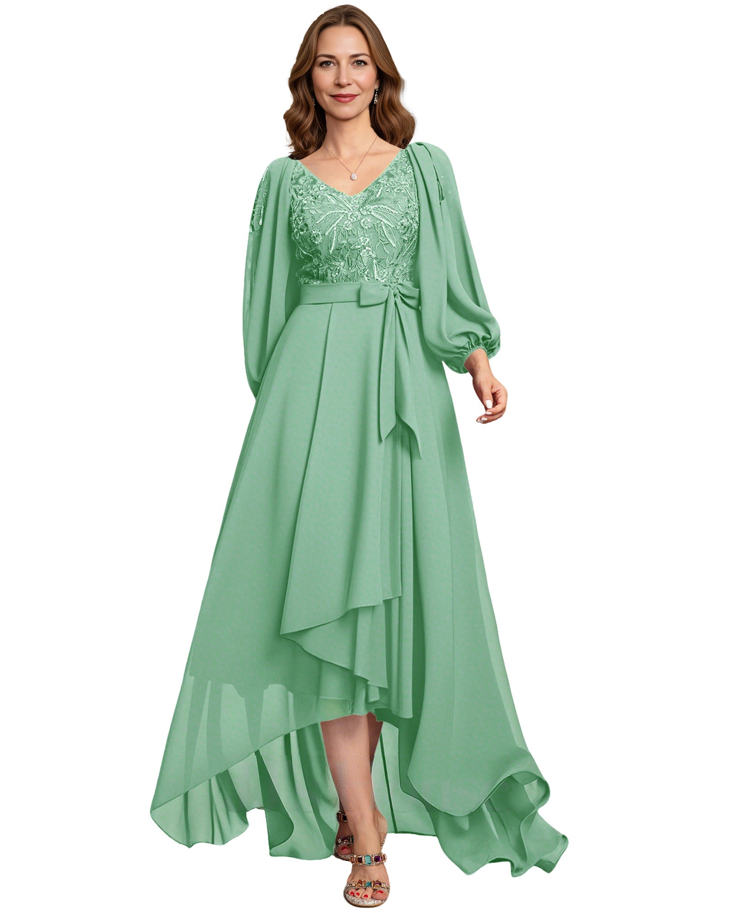 High Low Mother of the Bride Dress Lace Bodice Chiffon Jacket Formal Wedding Gown