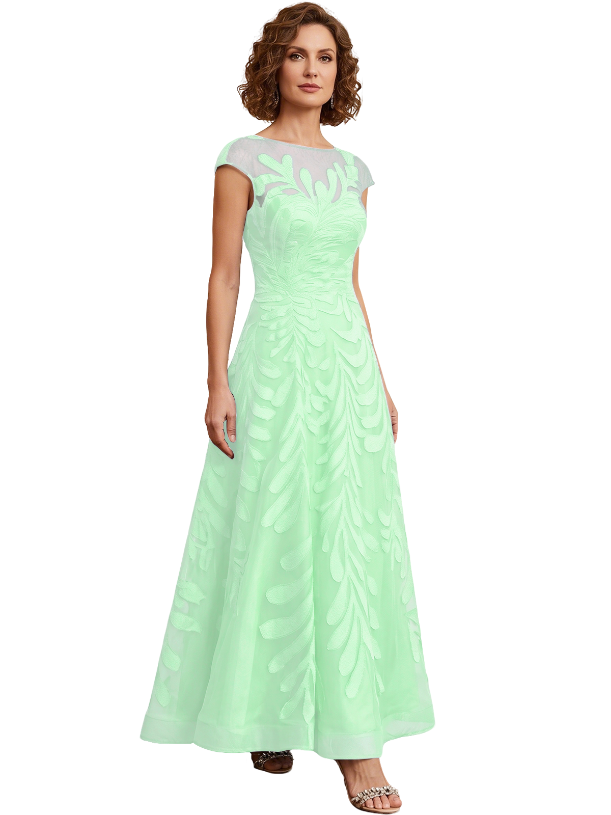 Embroidered Tulle Mother of the Bride Dress Long A-Line Gown with Illusion Cap Sleeves