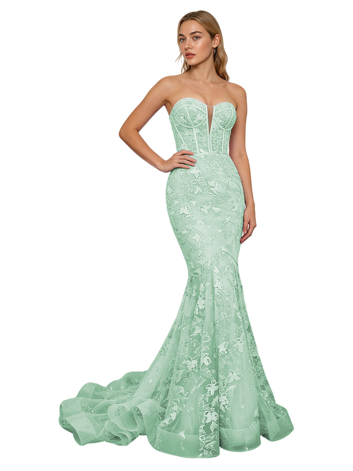 Strapless Lavender Lace Mermaid Prom Dress with Sheer Corset and Train