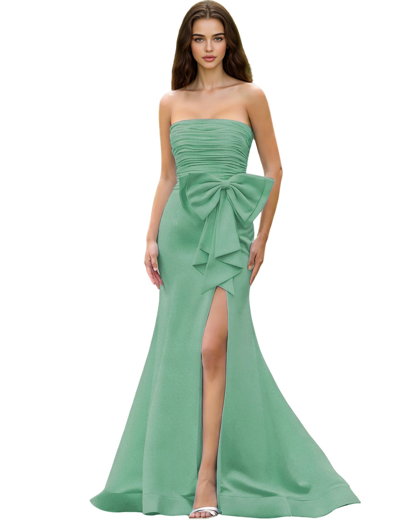Strapless Bow Detail Satin Prom Dress with Ruched Bodice and Slit