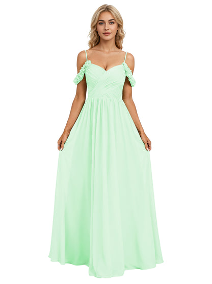Off Shoulder Lace Applique Bridesmaid Dress with Flowing Chiffon dress