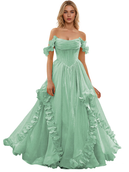Off Shoulder Ruffle Tulle Ball Gown Prom Dress with Floral Applique
