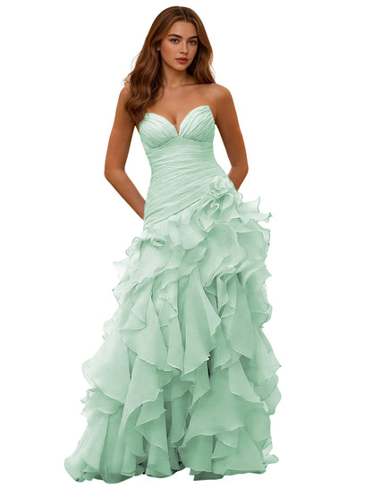 Strapless Organza Ruffle Ball Gown Prom Dress with Draped Corset Bodice
