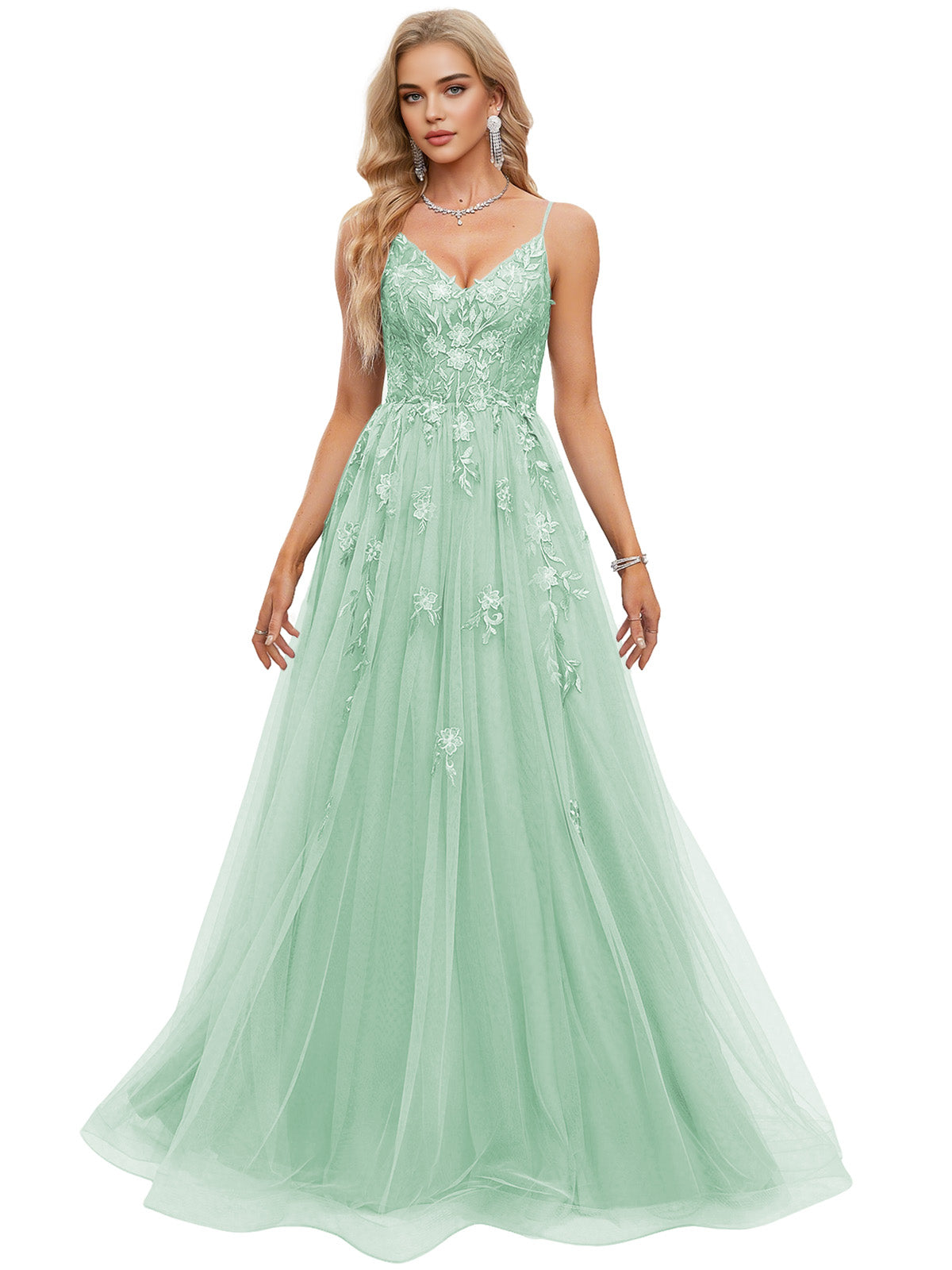 Beaded Bodice Tulle Ball Gown Prom Dress with Spaghetti Straps