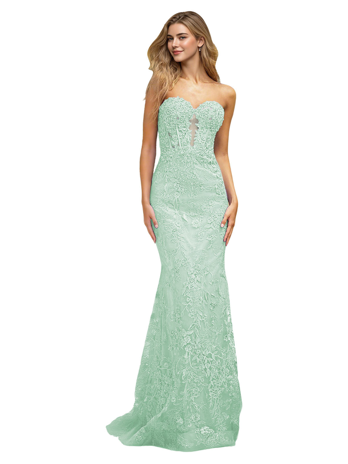 Strapless Floral Lace Mermaid Prom Dress with Sparkle Applique and Train