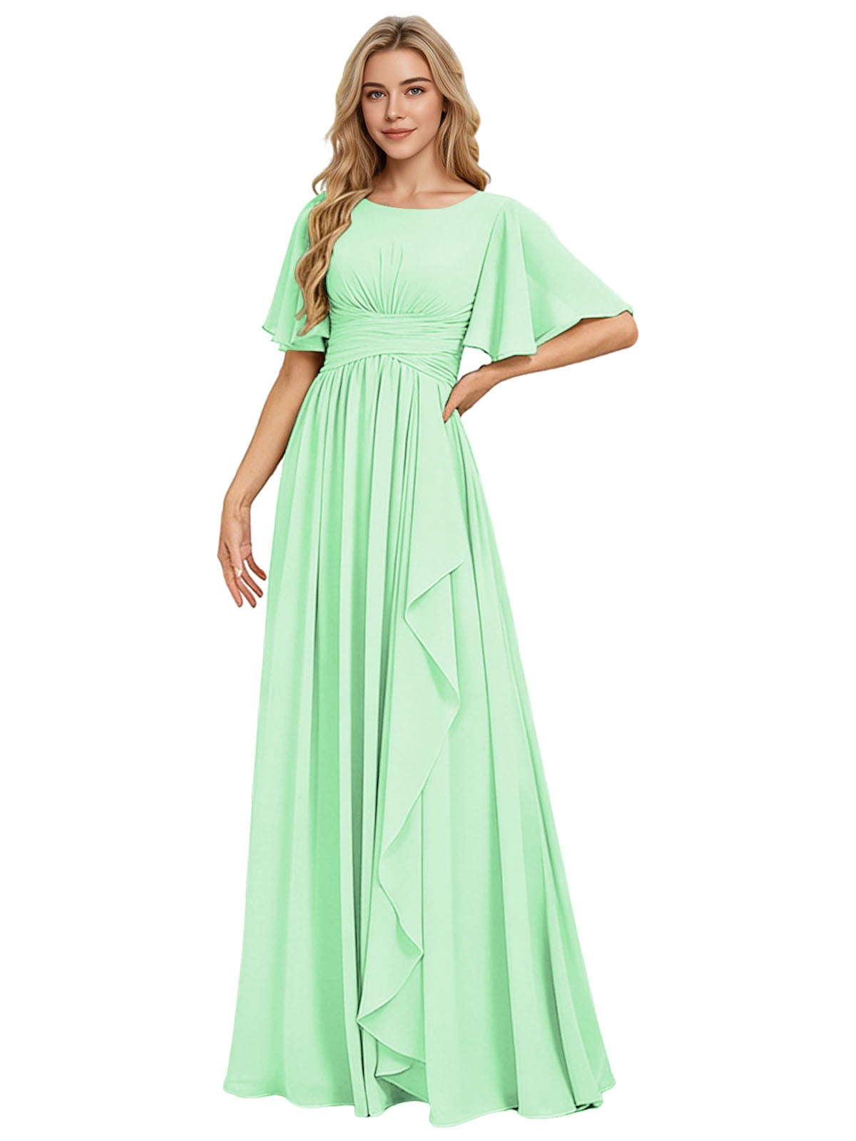 Flutter Sleeve Chiffon Bridesmaid Dress with Tiered Front Ruffle