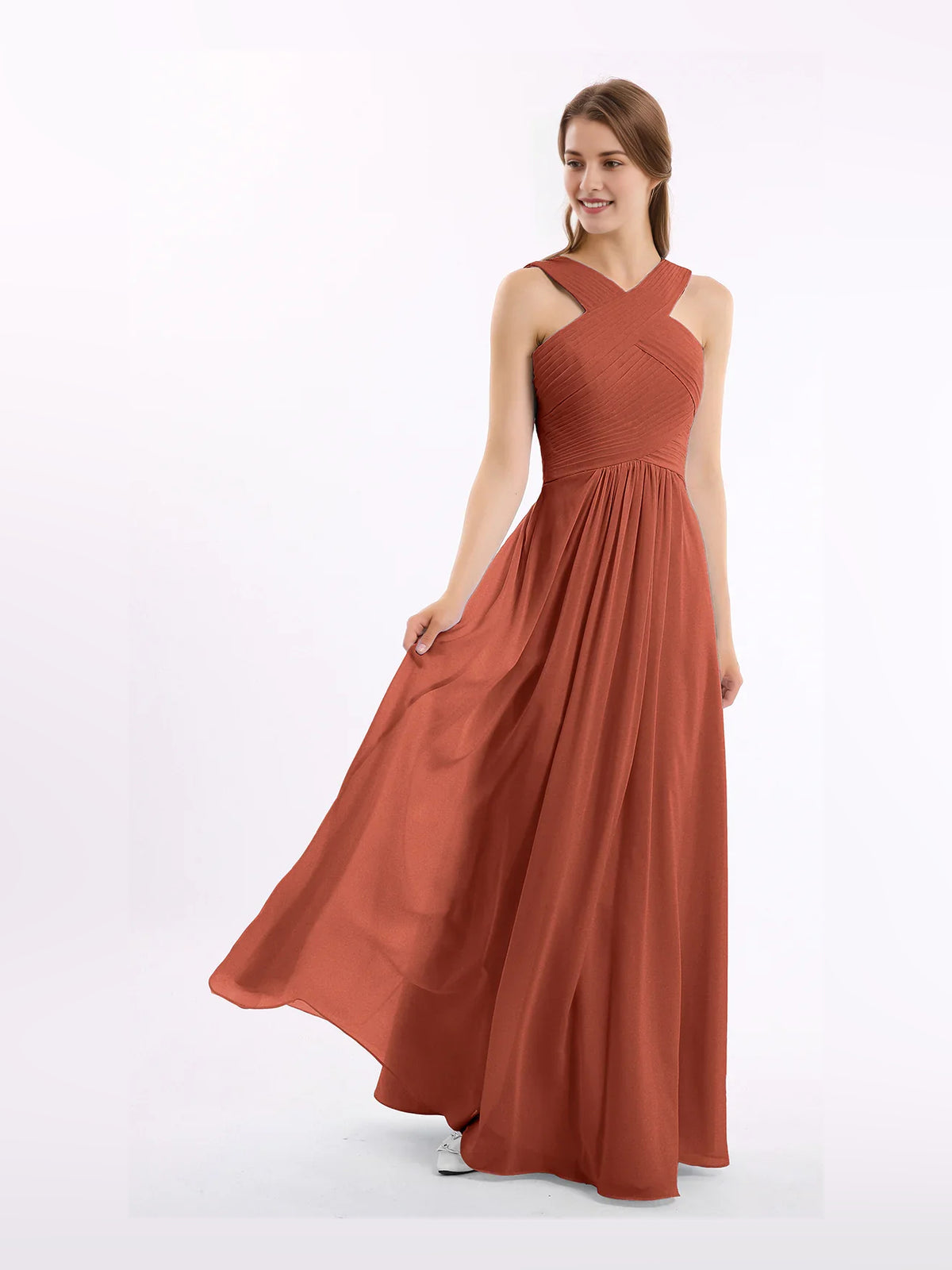 Pleated Halter Neck A-Line Maxi Chiffon Bridesmaid Dress for Estate Wedding